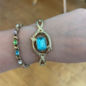 Vintage Ornamental Statement Cuff with Aqua Emerald East-West Glass Center